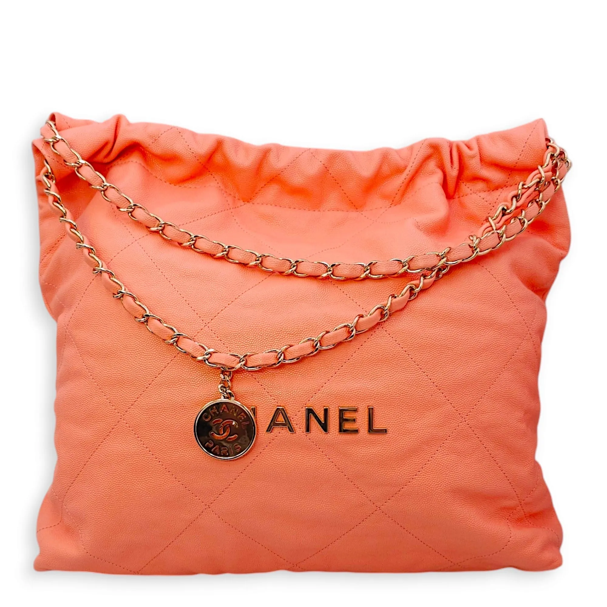 22 Tote Medium Orange Claire Shoulder Bag in Caviar Leather, Light Gold hardware