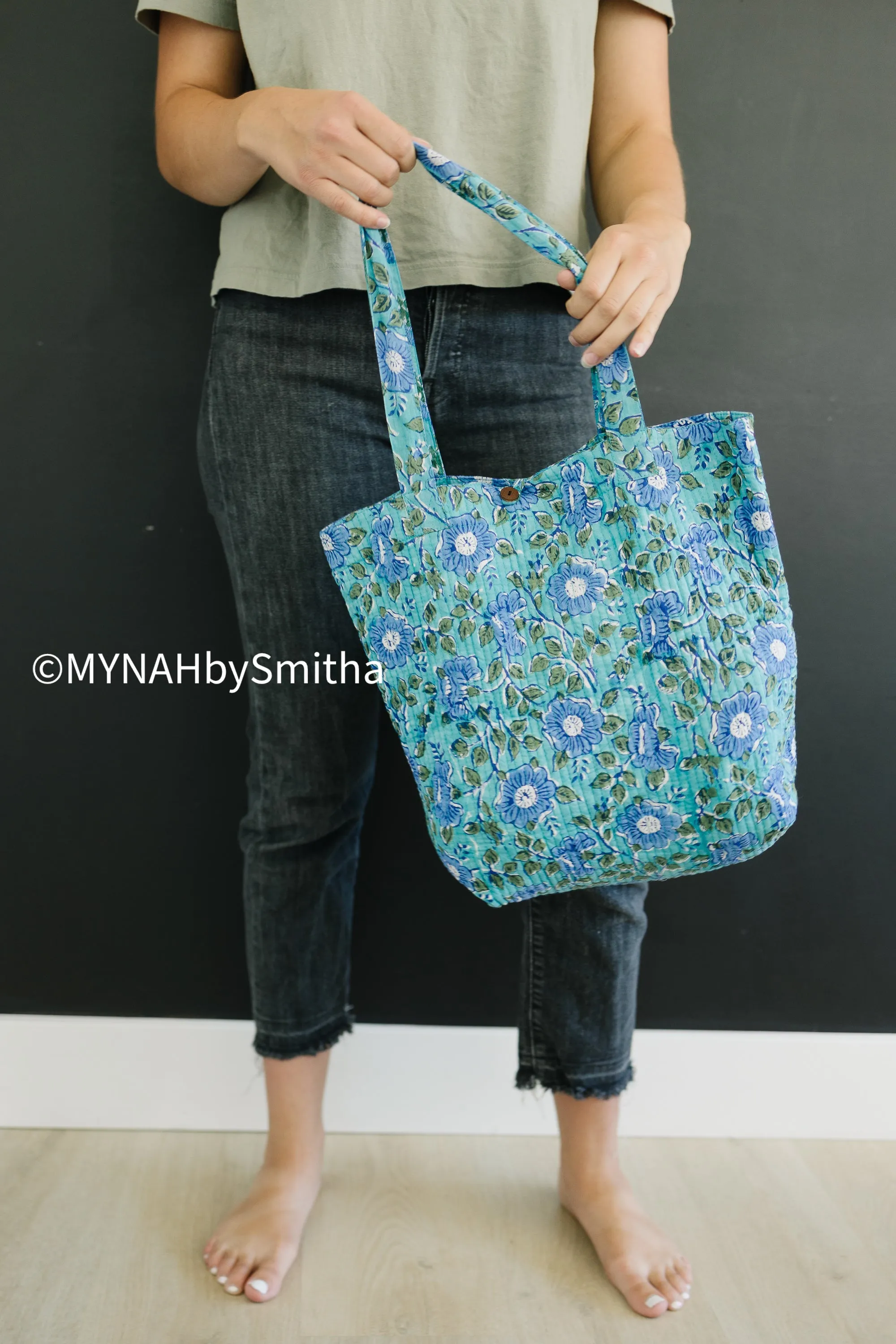 Blue floral print tote bag-Small