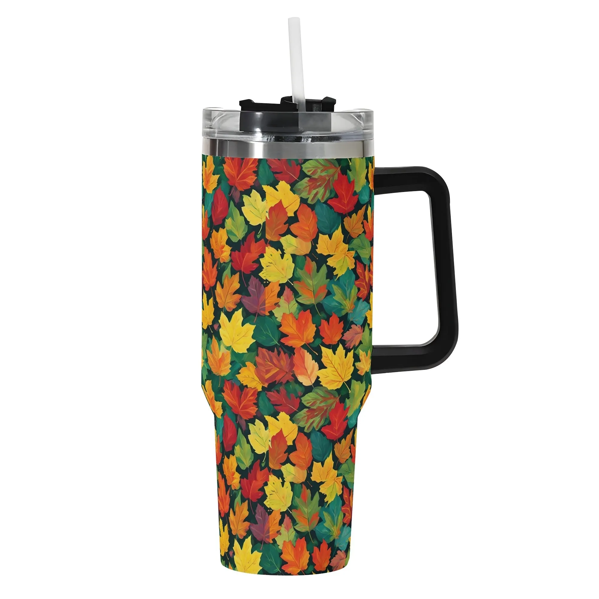 Colorful Leaves 40oz Stainless Steel Tumbler Gift With Black Handle and Straw