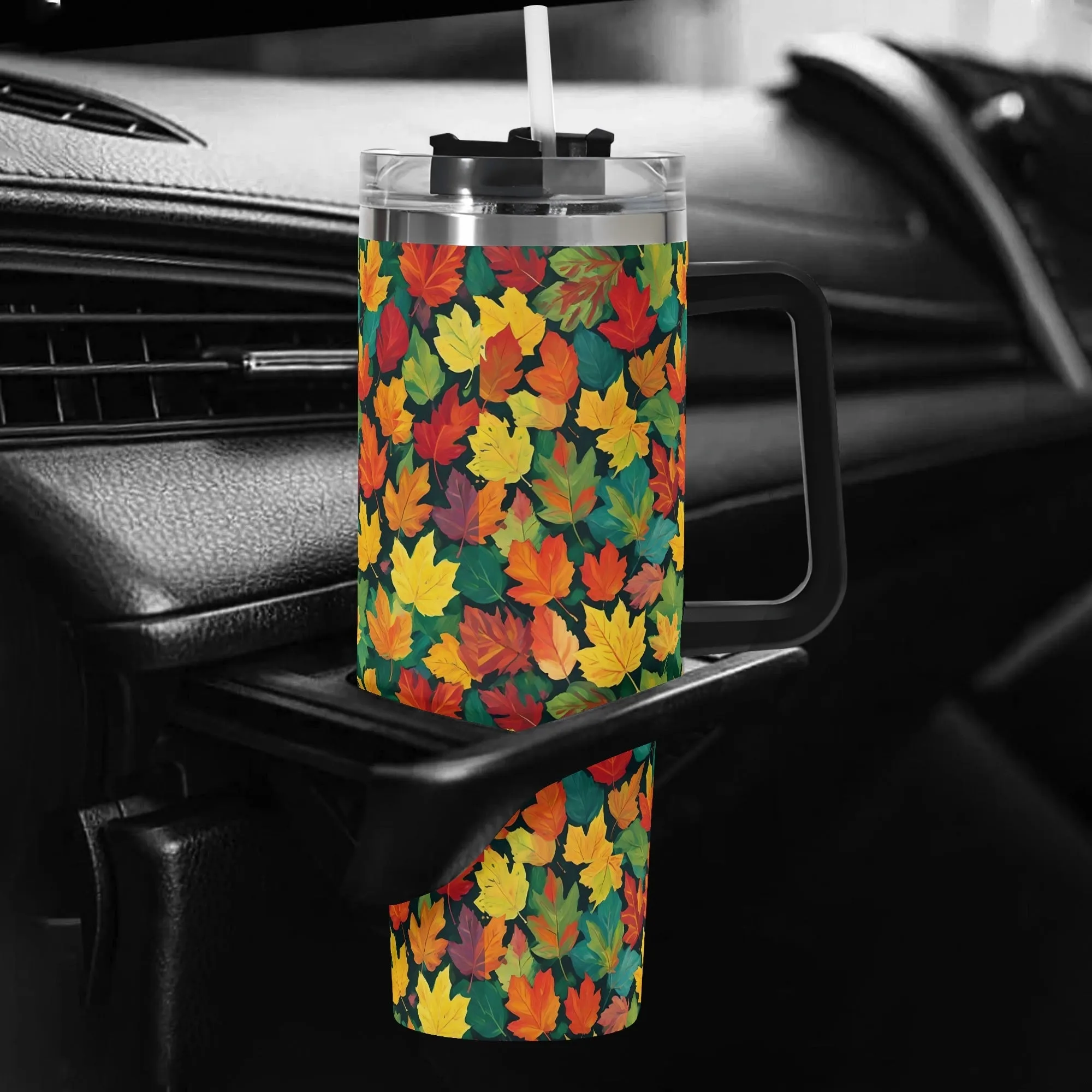 Colorful Leaves 40oz Stainless Steel Tumbler Gift With Black Handle and Straw