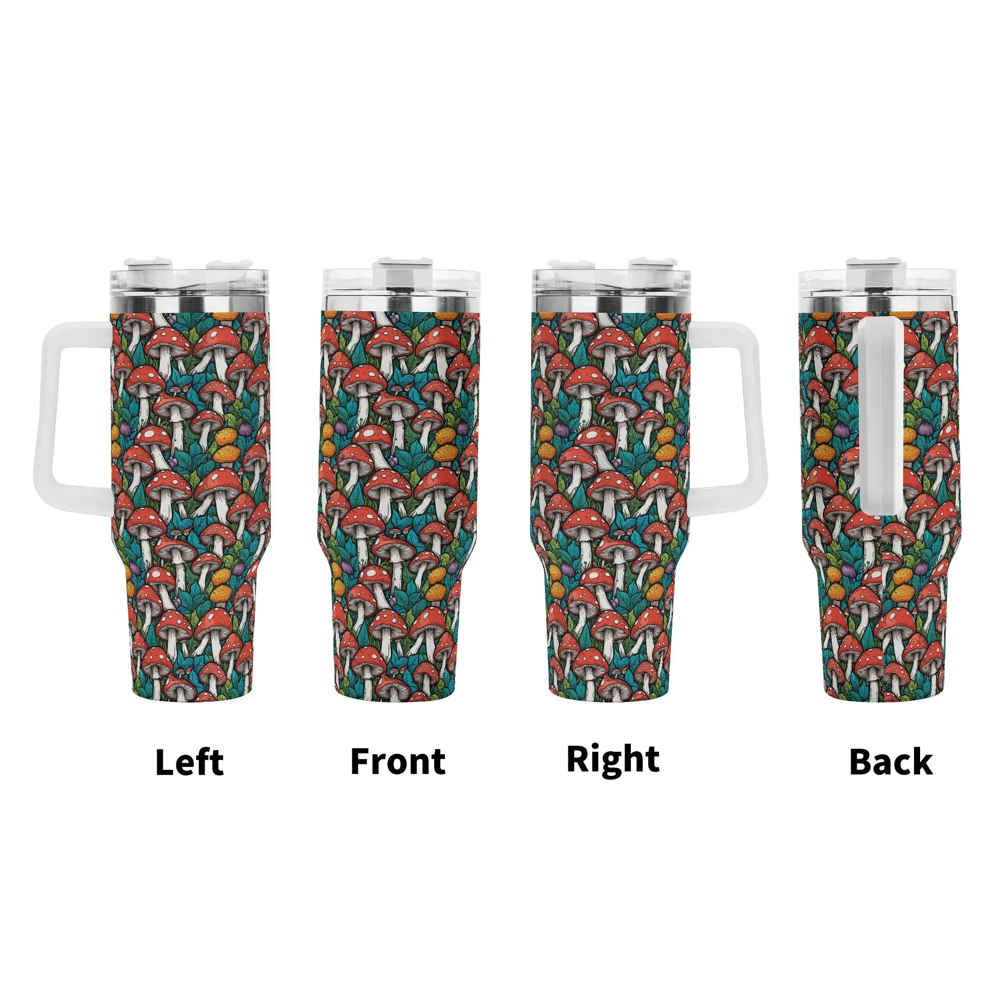 Colorful Mushrooms 40oz Stainless Steel Tumbler Gift With White Handle and Straw