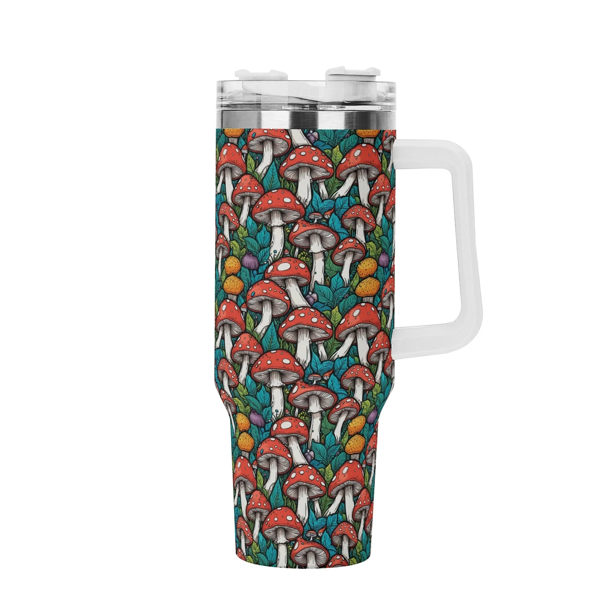 Colorful Mushrooms 40oz Stainless Steel Tumbler Gift With White Handle and Straw