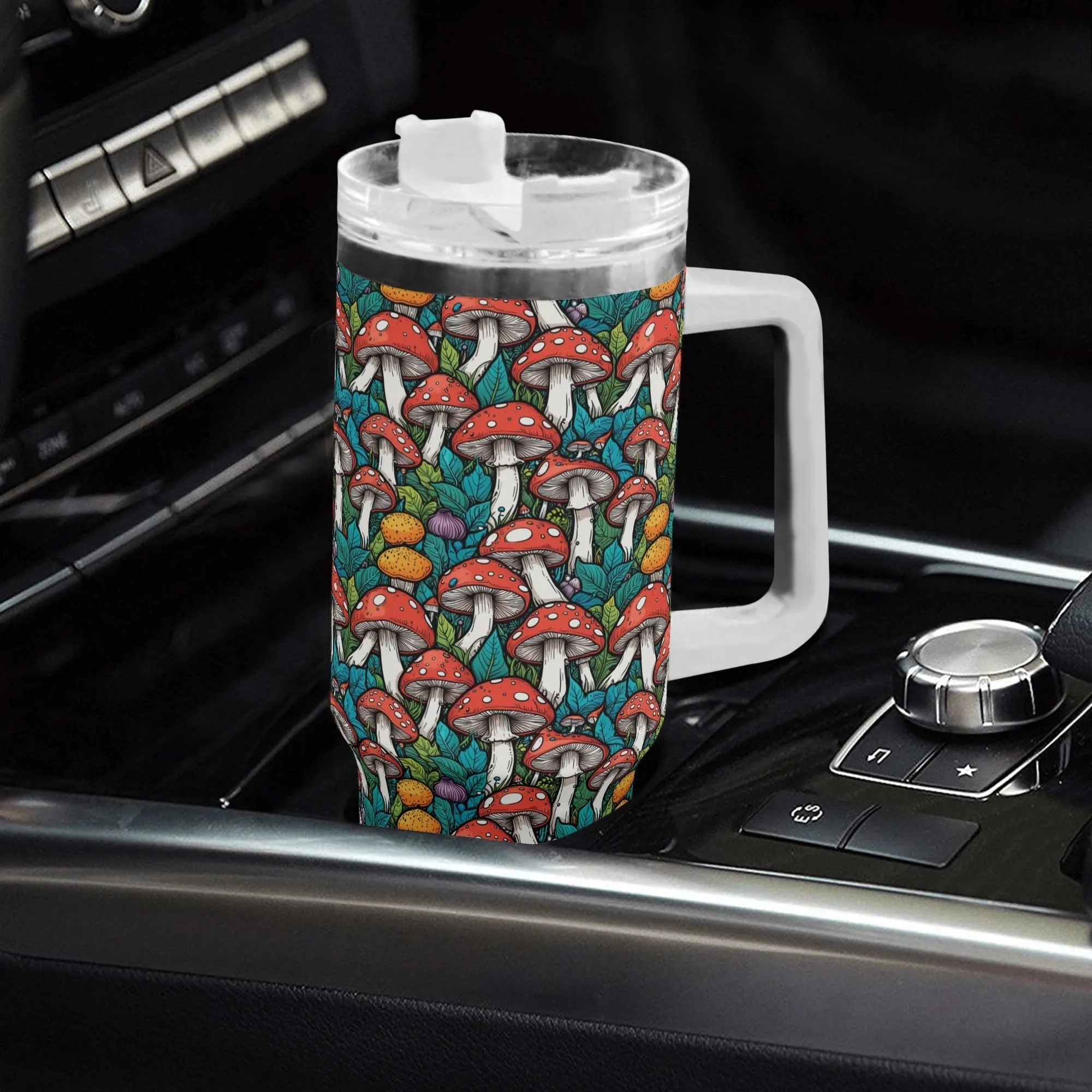 Colorful Mushrooms 40oz Stainless Steel Tumbler Gift With White Handle and Straw