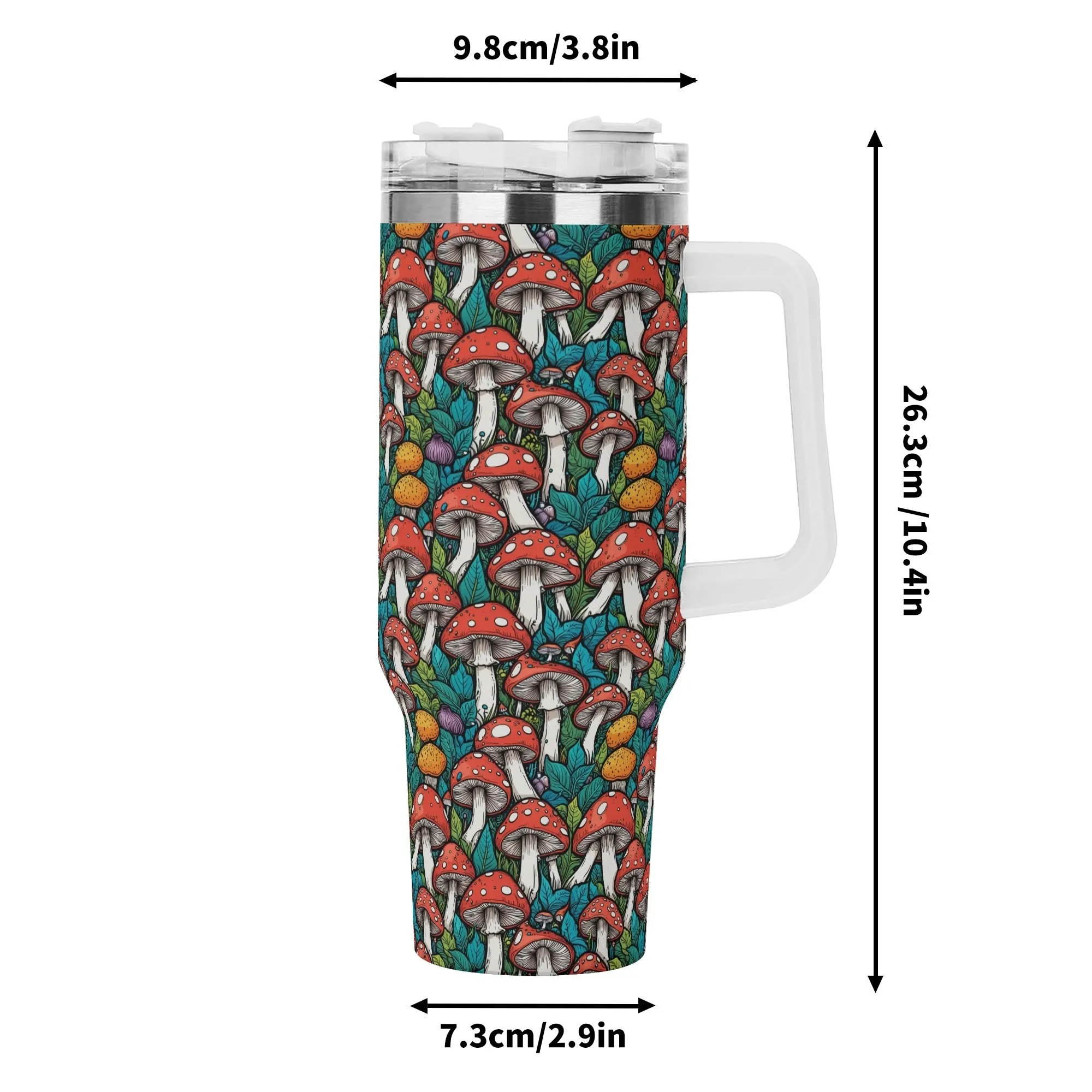 Colorful Mushrooms 40oz Stainless Steel Tumbler Gift With White Handle and Straw