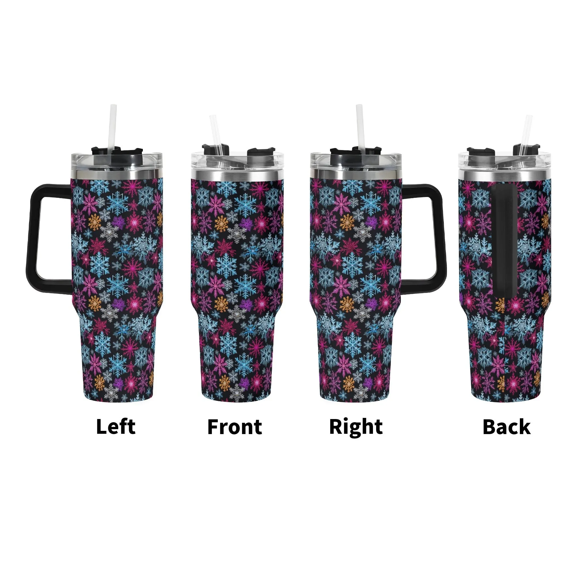 Colorful Party Snowflake 40oz Stainless Steel Tumbler Gift With Black Handle and Straw