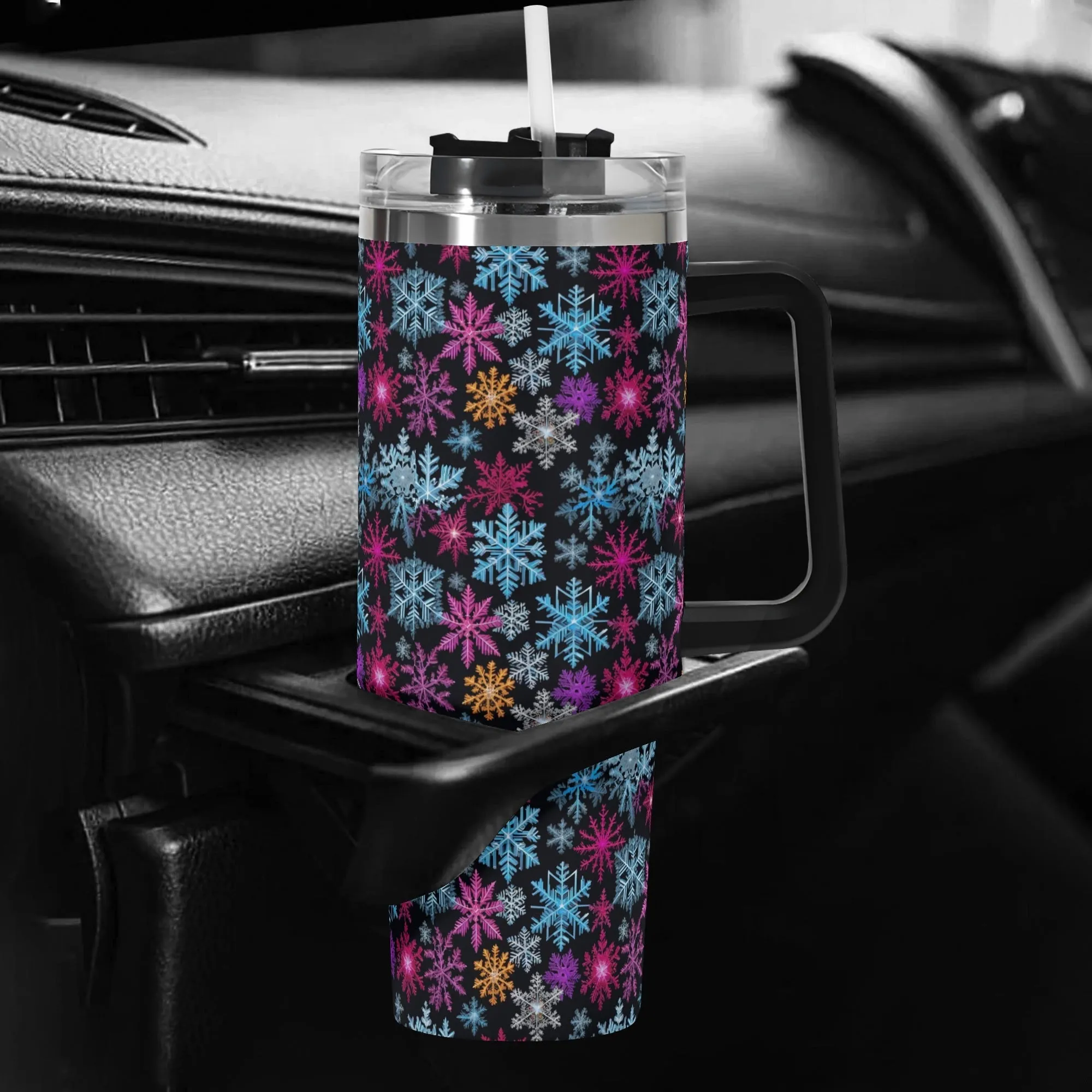 Colorful Party Snowflake 40oz Stainless Steel Tumbler Gift With Black Handle and Straw