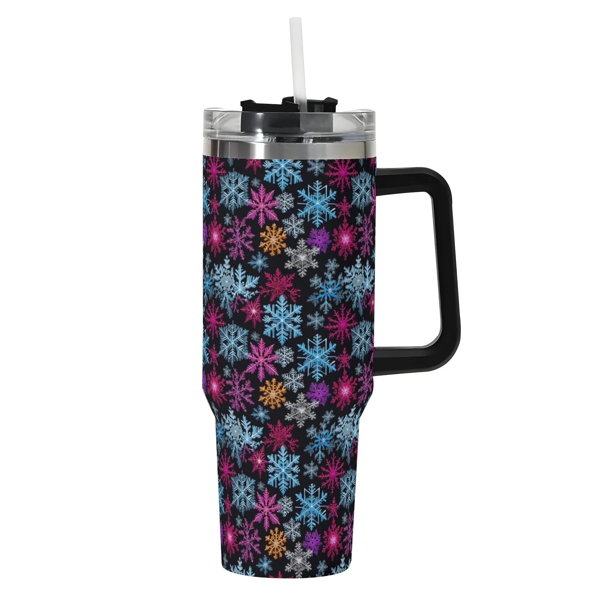 Colorful Party Snowflake 40oz Stainless Steel Tumbler Gift With Black Handle and Straw