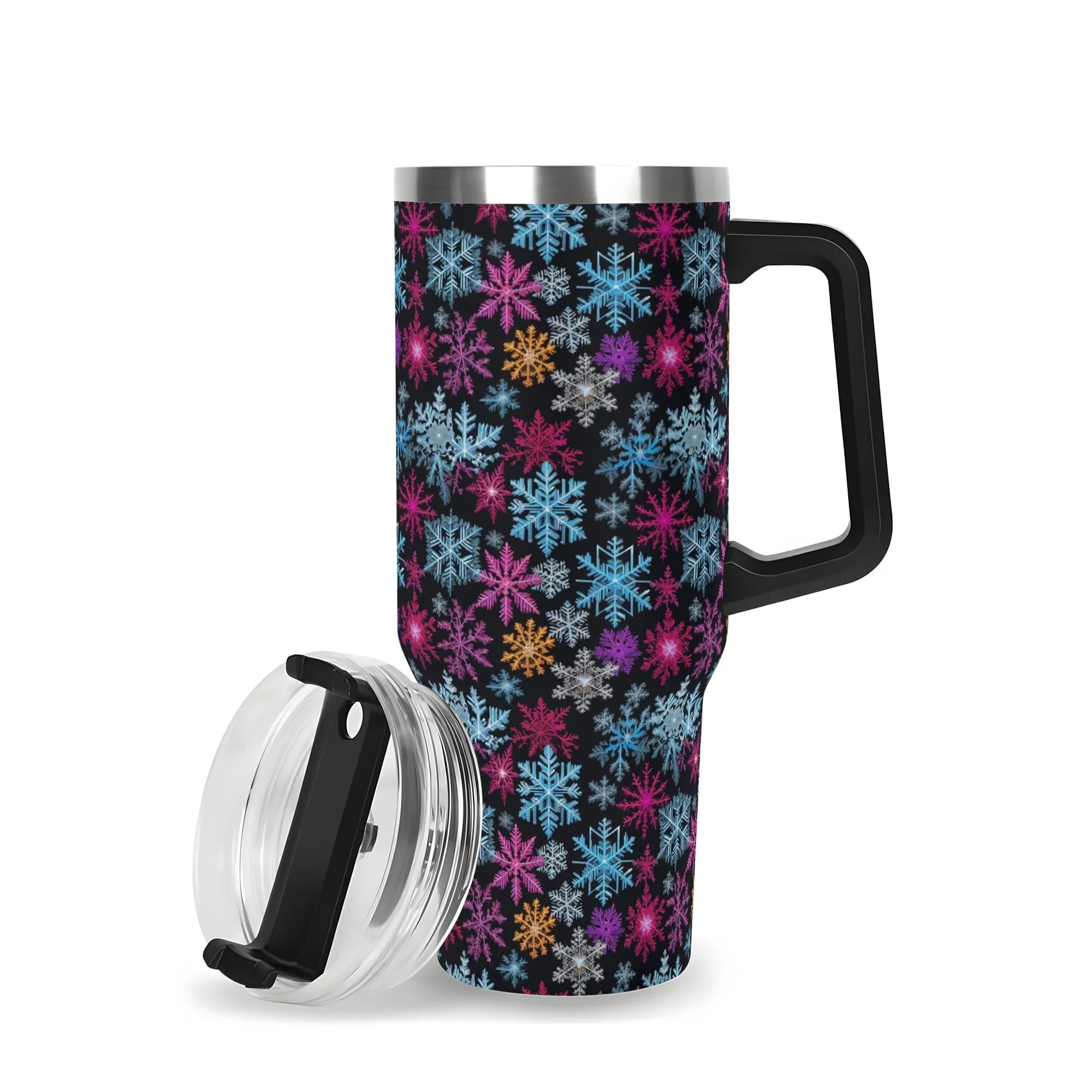 Colorful Party Snowflake 40oz Stainless Steel Tumbler Gift With Black Handle and Straw