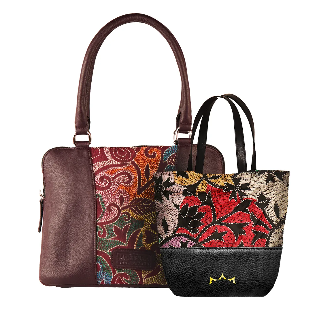 Combo of Leather Embroidery Plum Handbag & Mini Tote