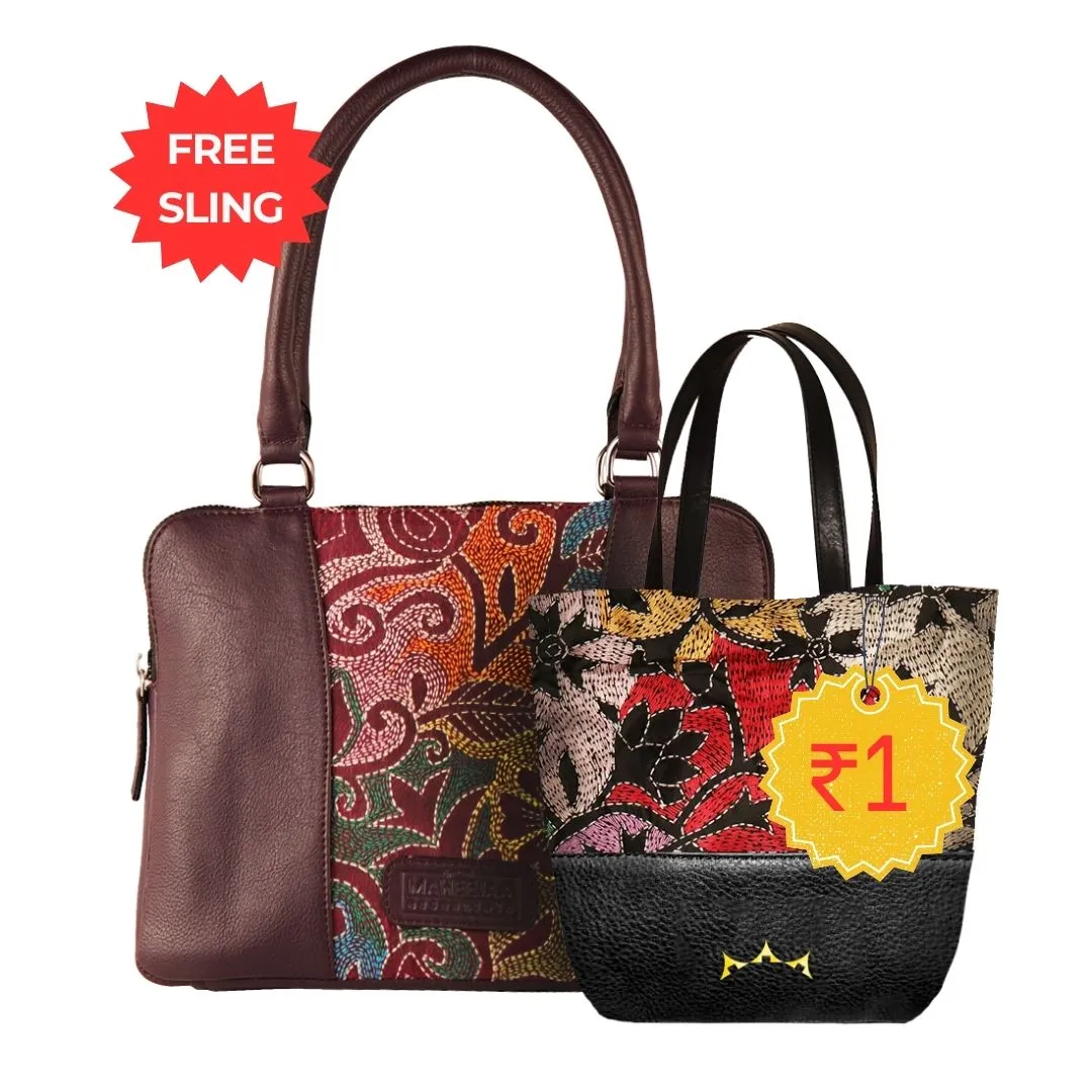 Combo of Leather Embroidery Plum Handbag & Mini Tote