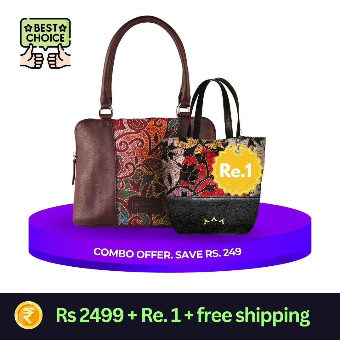 Combo of Leather Embroidery Plum Handbag & Mini Tote