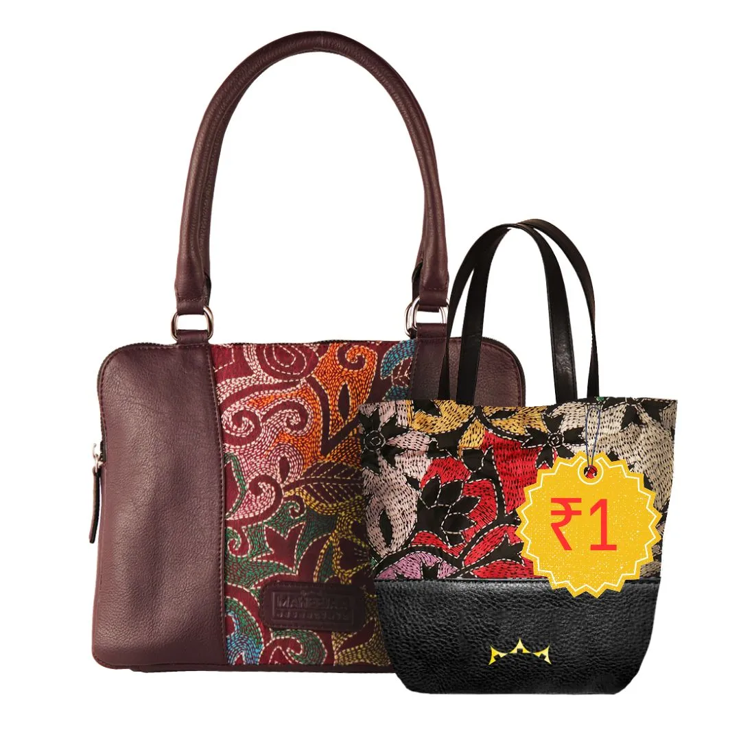 Combo of Leather Embroidery Plum Handbag & Mini Tote