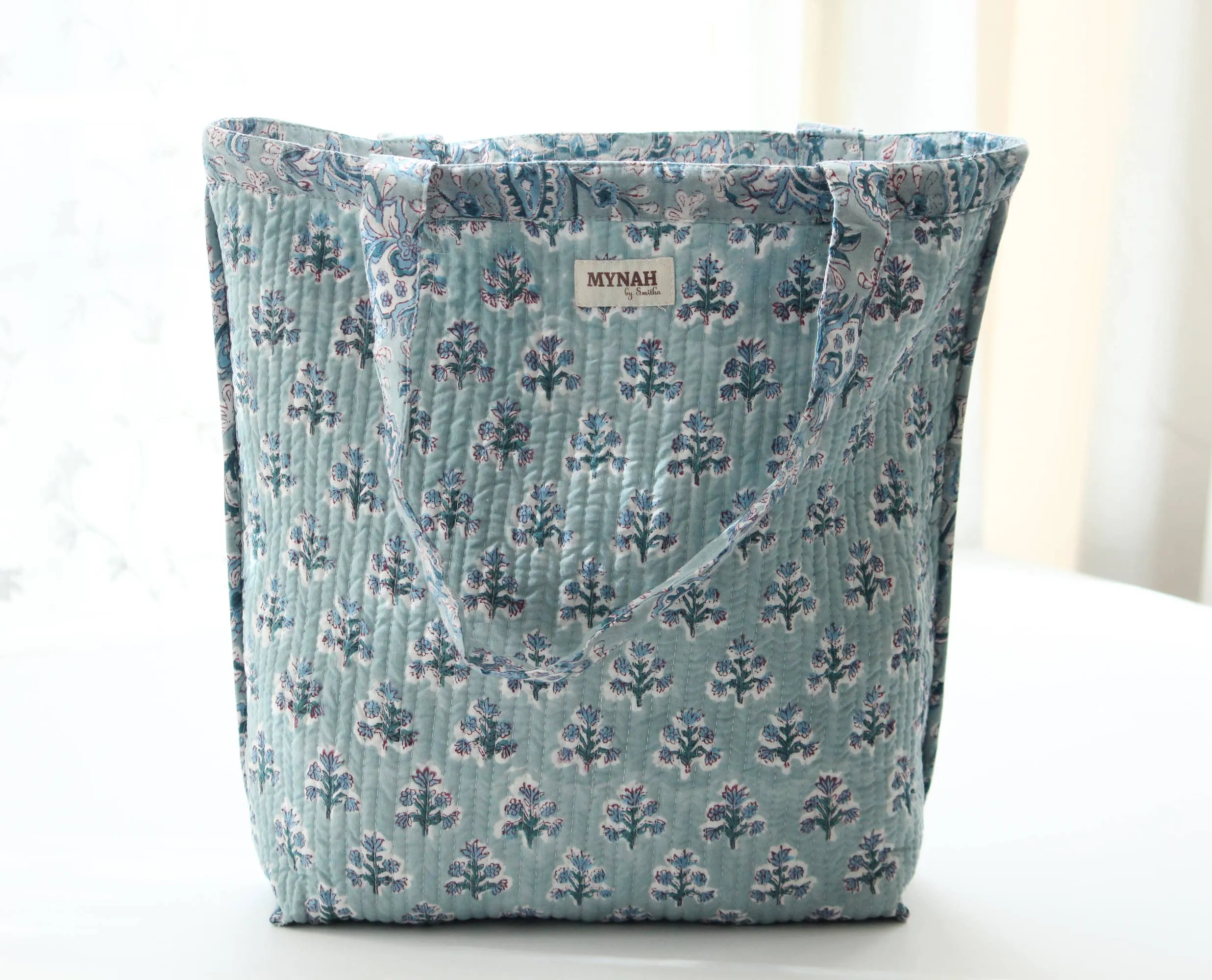 Dusty Blue Floral Print Reversible Tote Bag