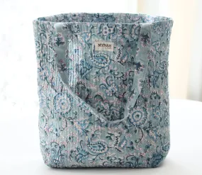 Dusty Blue Floral Print Reversible Tote Bag