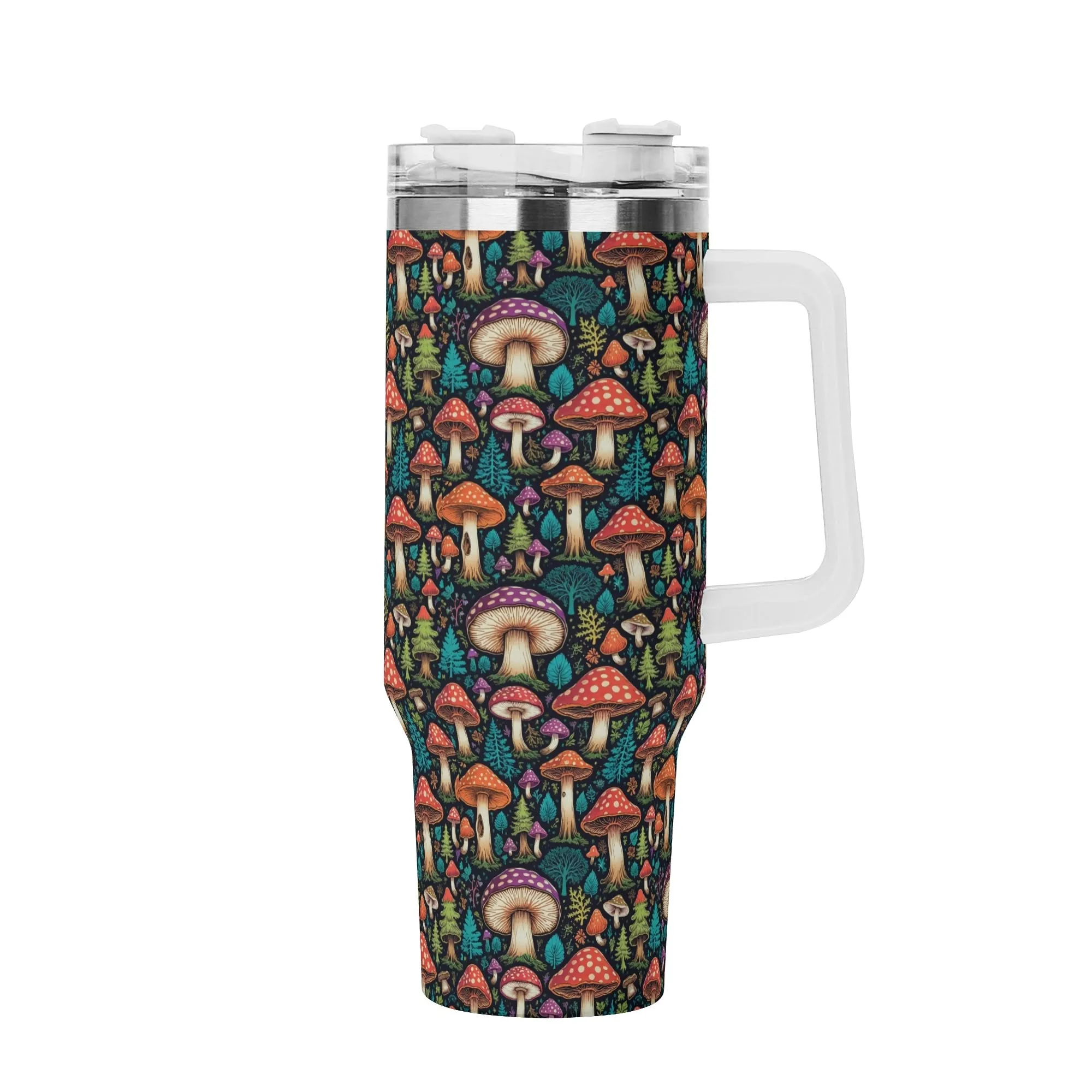 Forest Shrooms 40oz Stainless Steel Tumbler Gift With White Handle and Straw