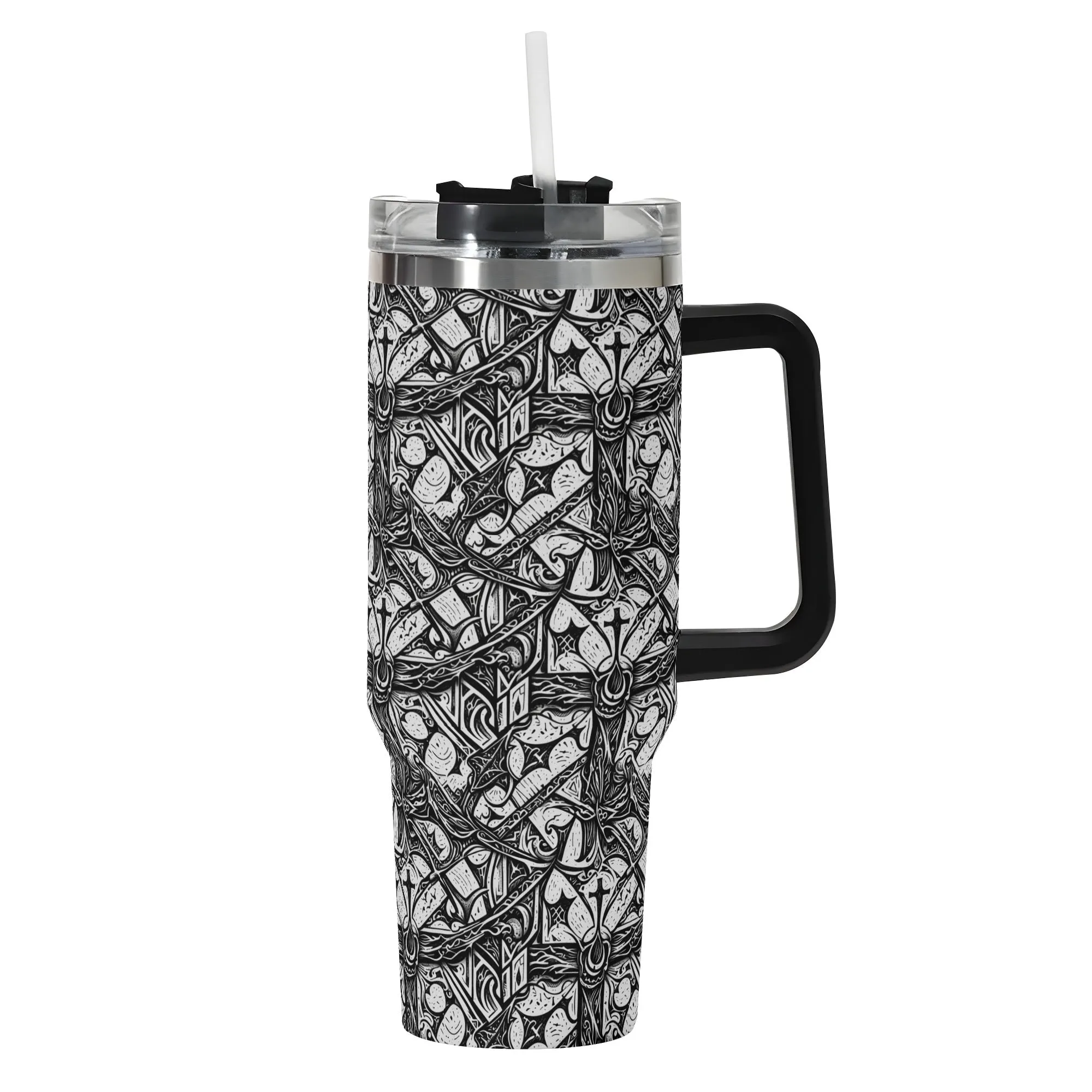 Hidden Cross 40oz Stainless Steel Tumbler Gift With Black Handle and Straw