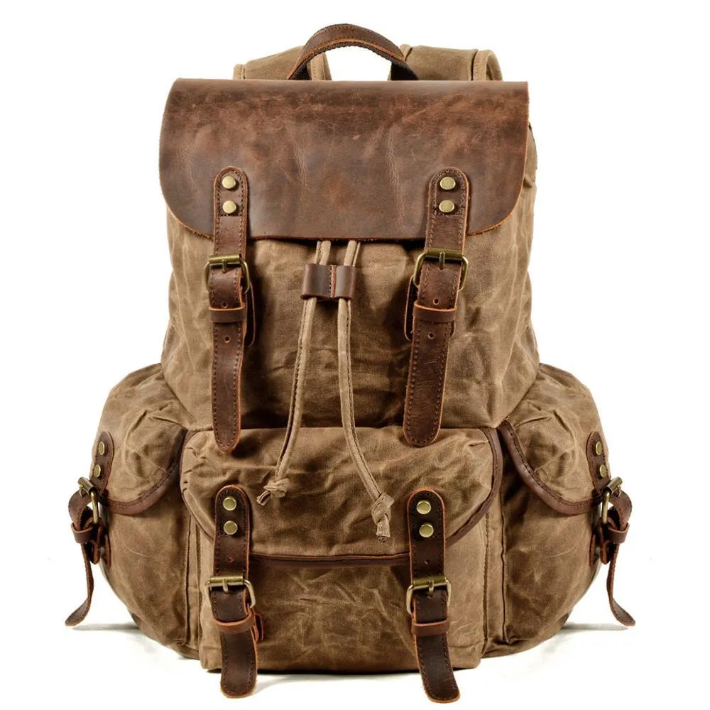 Oil Waxed Canvas Retro Outdoor Drawstring Leather Travel Backpack