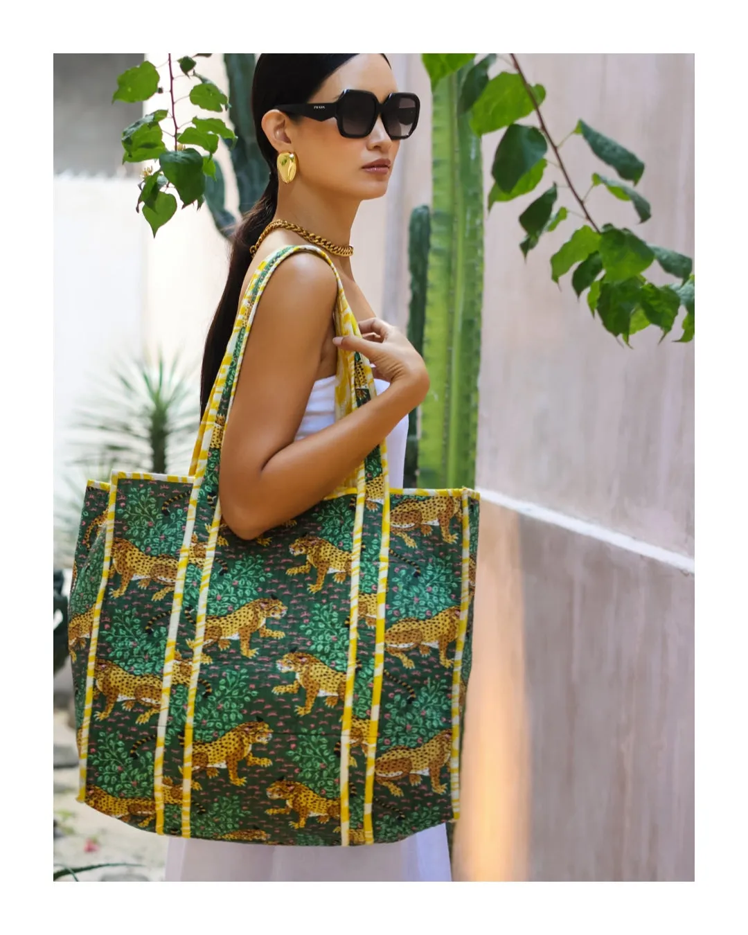 Oversized Tote Bag - Leopard Floral Green