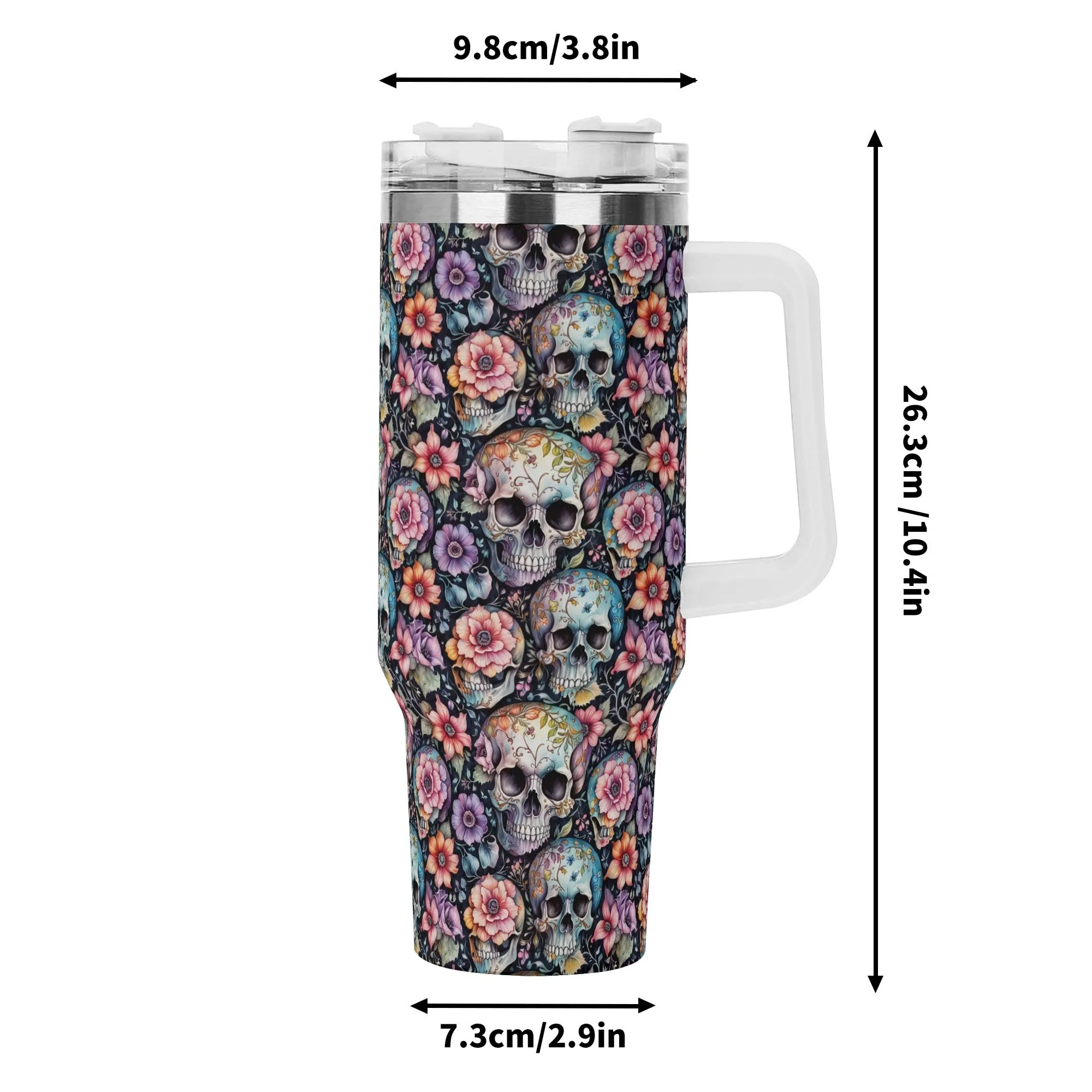 Pastel Floral and Skulls 40oz Stainless Steel Tumbler Gift With White Handle and Straw