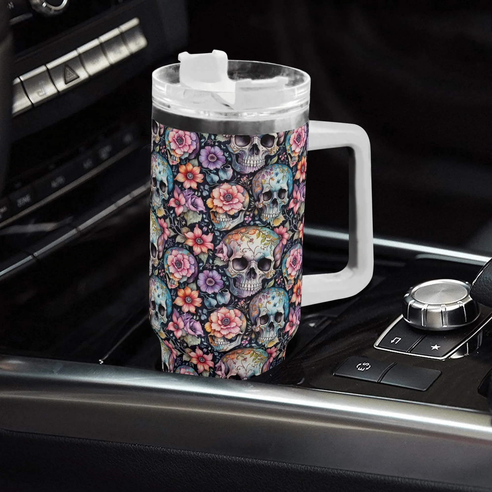 Pastel Floral and Skulls 40oz Stainless Steel Tumbler Gift With White Handle and Straw