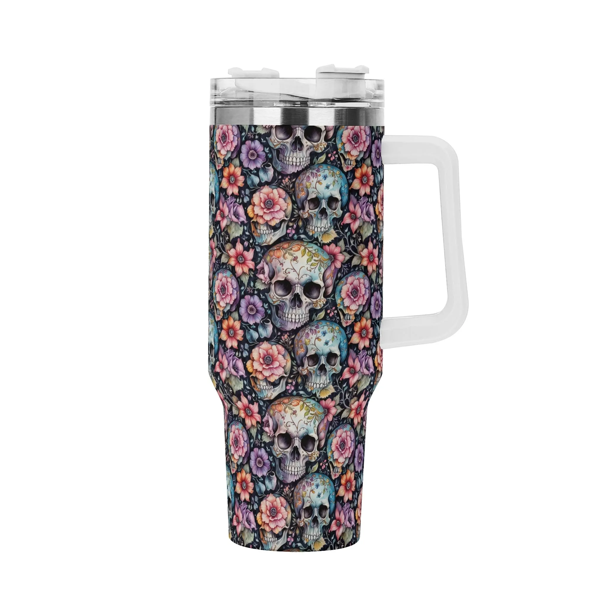 Pastel Floral and Skulls 40oz Stainless Steel Tumbler Gift With White Handle and Straw