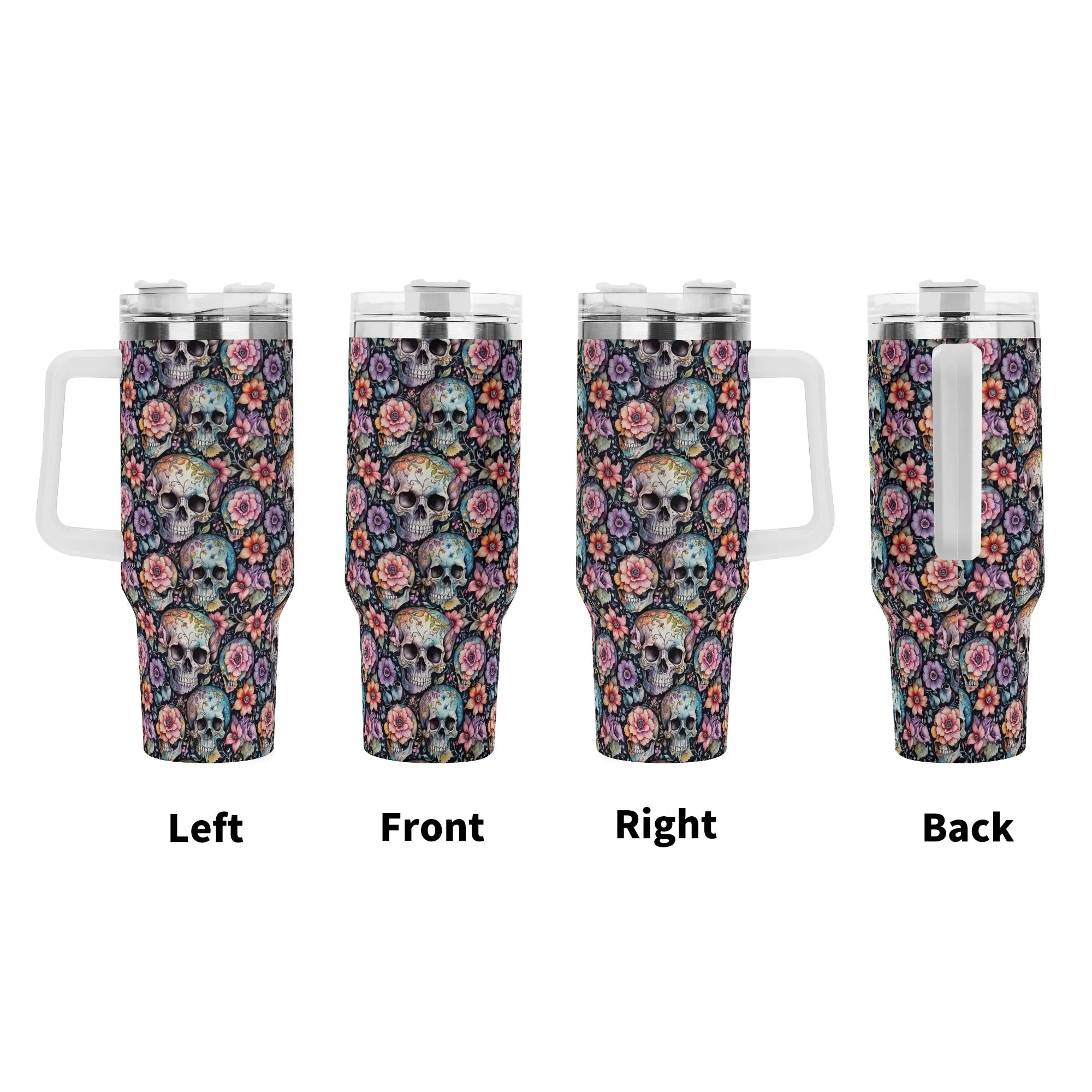 Pastel Floral and Skulls 40oz Stainless Steel Tumbler Gift With White Handle and Straw