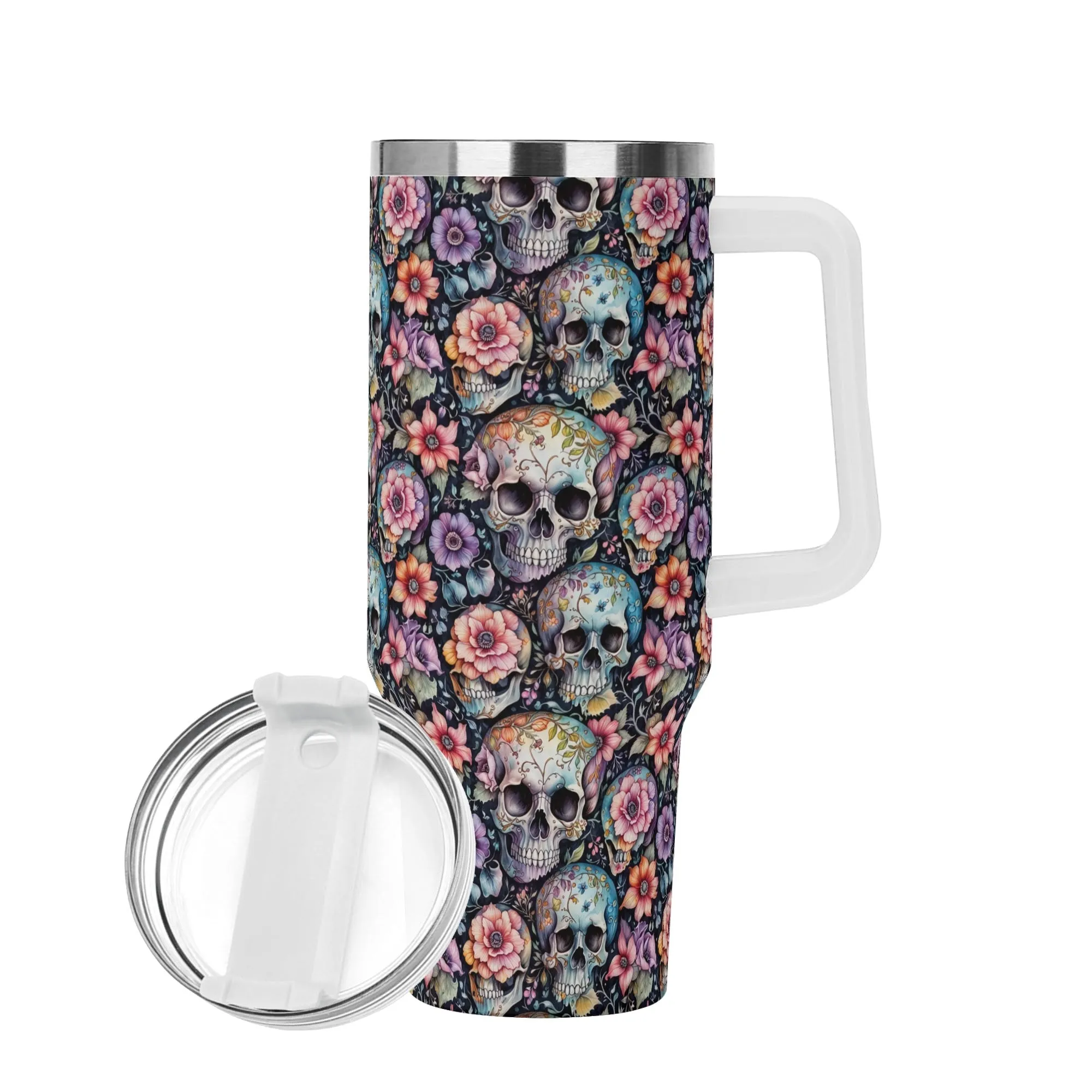 Pastel Floral and Skulls 40oz Stainless Steel Tumbler Gift With White Handle and Straw