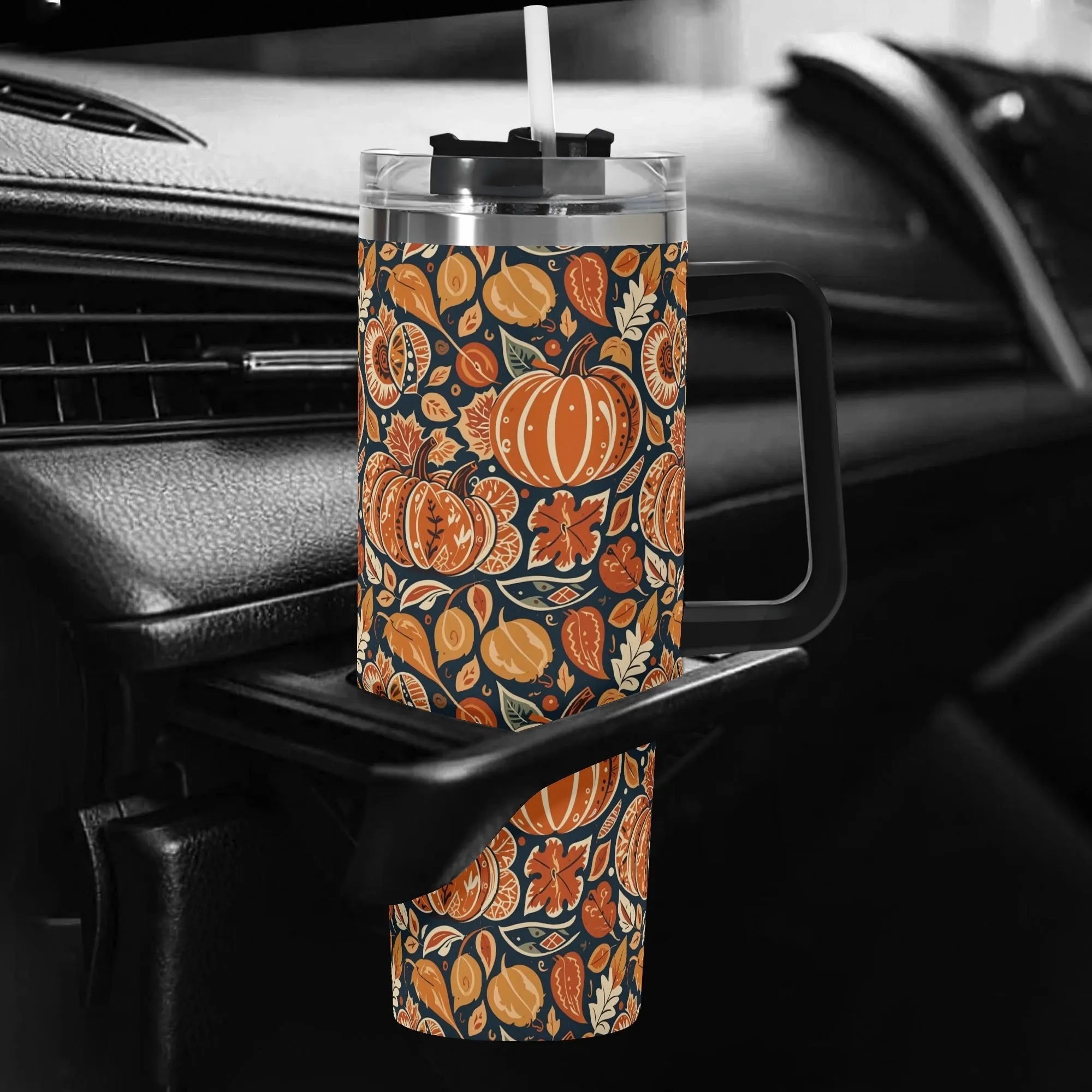 Pumpkin Leaves 40oz Stainless Steel Tumbler Gift With Black Handle and Straw