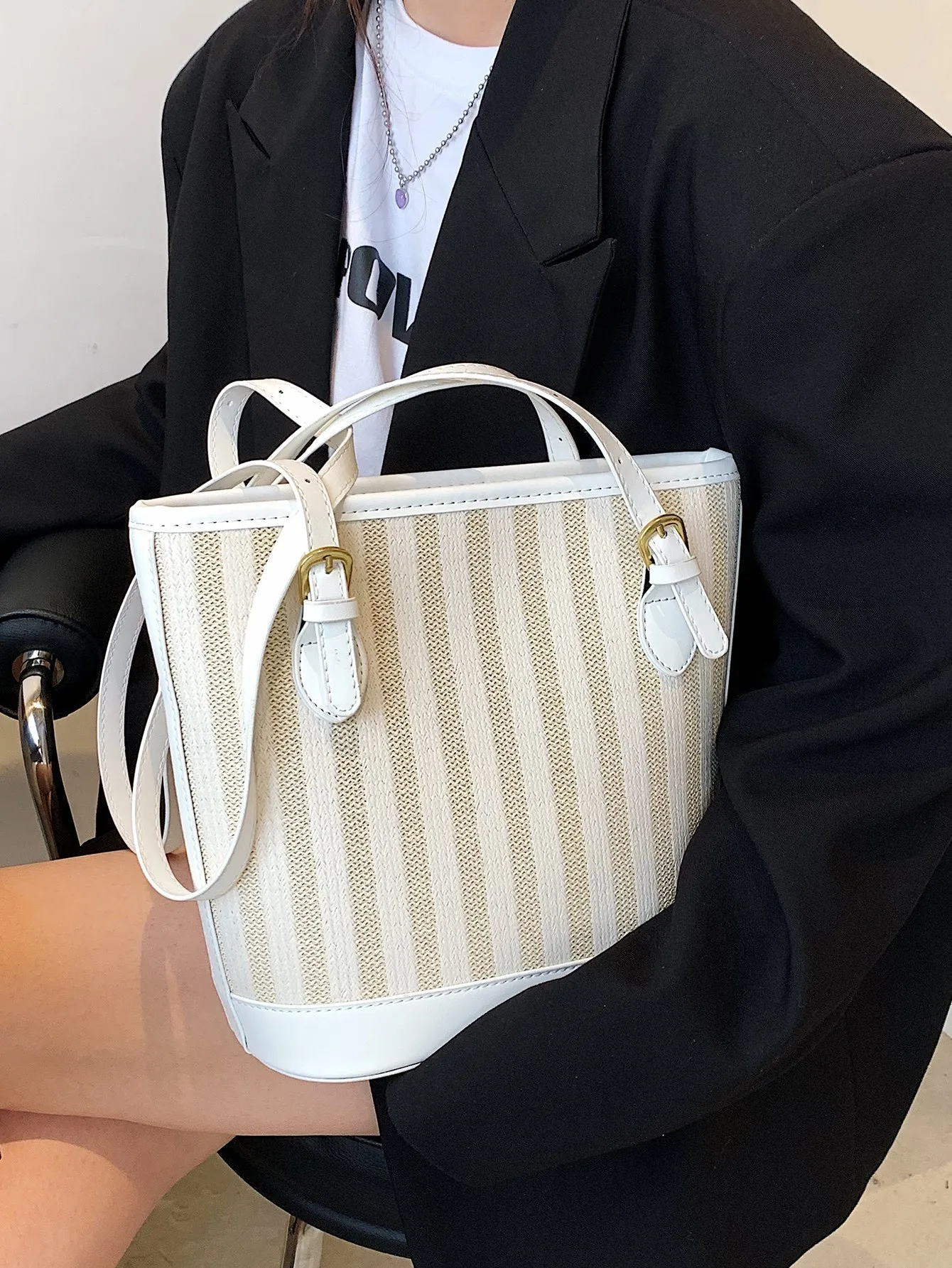 Striped Woven Bucket Bag