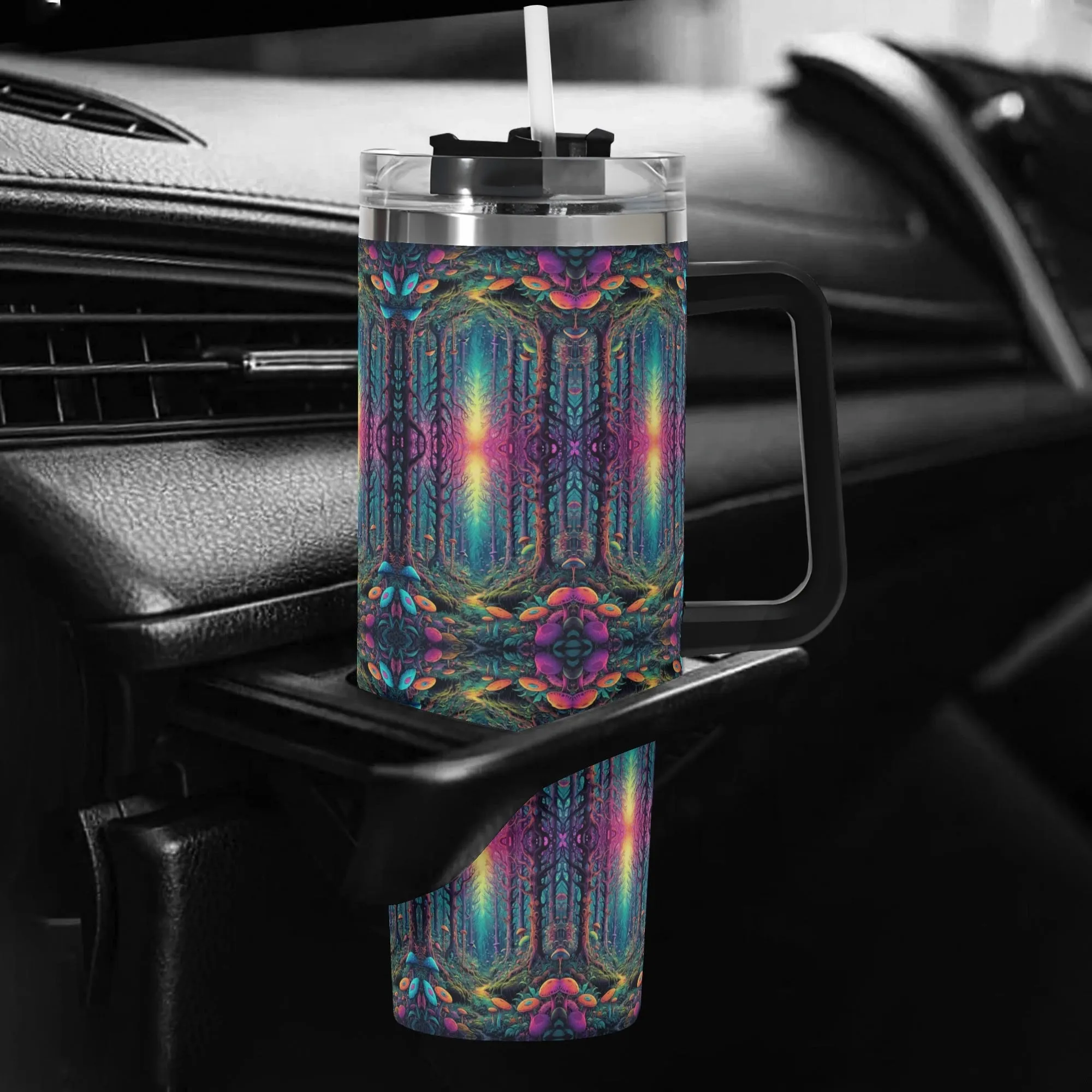 Trippy Trees 40oz Stainless Steel Tumbler Gift With Black Handle and Straw