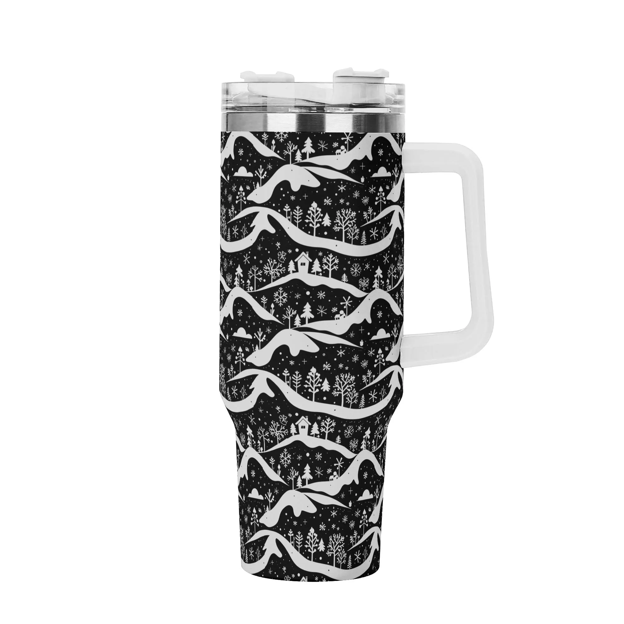 Winter Town 40oz Stainless Steel Tumbler Gift With White Handle and Straw